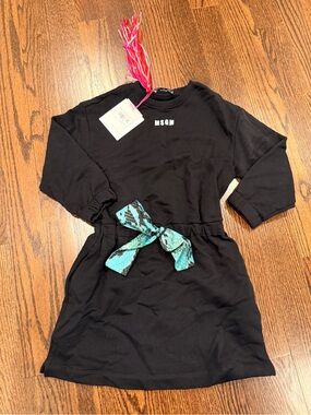 MSGM Black Girls' Sweatshirt Dress with Teal Snake-Print Bow